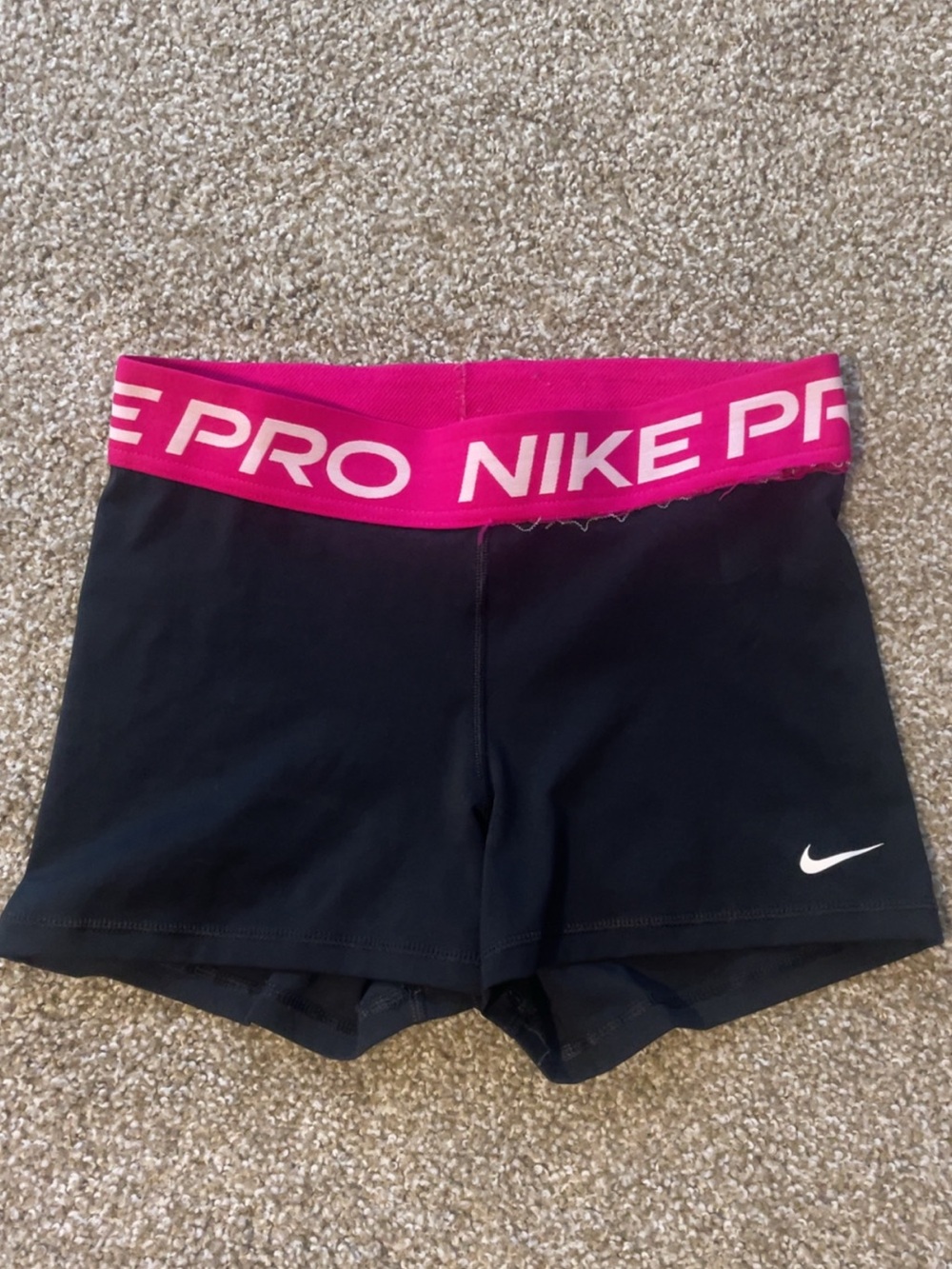 Nike Women's Black Athletic Shorts with Hot Pink Branded Waistband